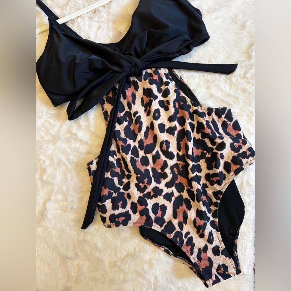 Amazon Black and Leopard Cross Wrap Cutout One Piece Swimsuit